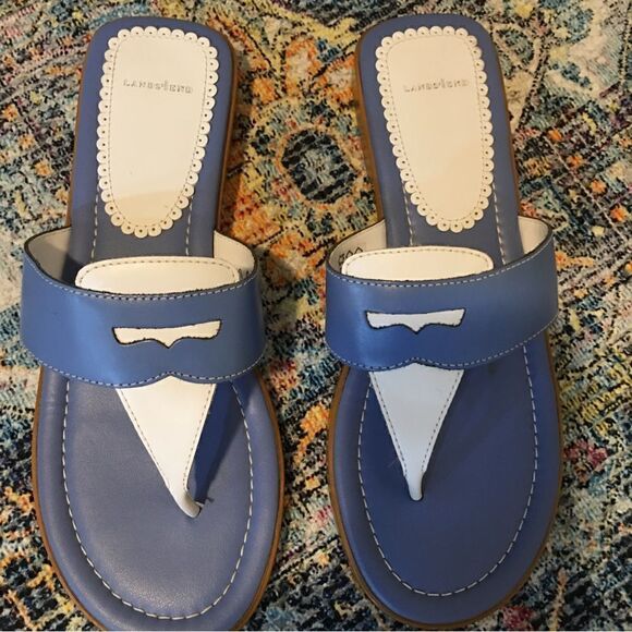 Lands End Blue & White Dressy Flip Flop Sandals - Picture 8 of 9